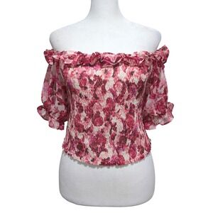 Express Pink Floral Smocked Off The Shoulder Ruffle Top Short Sleeve Cottage M